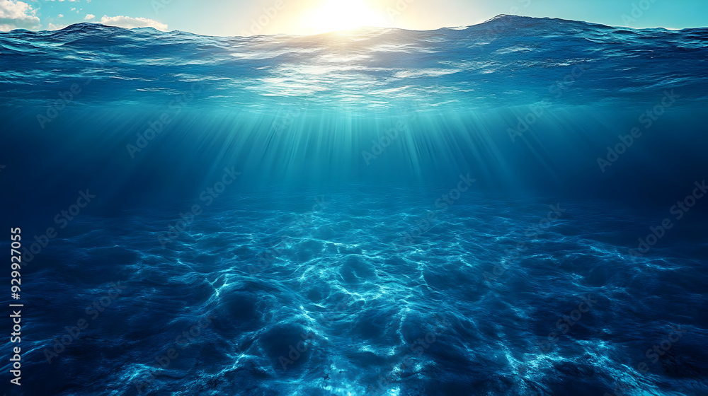 Fototapeta premium Underwater scene with sunlight filtering through the ocean surface.
