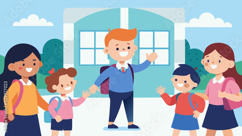 First Day of School Excitement: Students arriving at school, excitedly greeting each other and their teachers.
