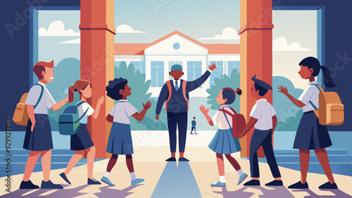 First Day of School Excitement: Students arriving at school, excitedly greeting each other and their teachers.
