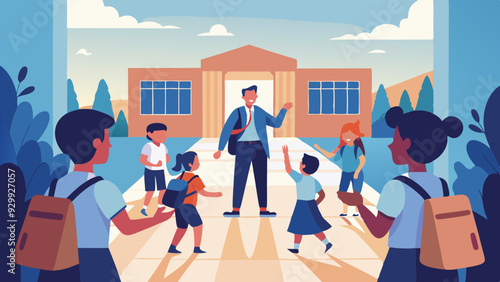 First Day of School Excitement: Students arriving at school, excitedly greeting each other and their teachers.
