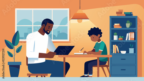 Homeschooling Environment: A parent helping their child with homeschooling in a cozy and organized home setup.
