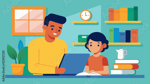 Homeschooling Environment: A parent helping their child with homeschooling in a cozy and organized home setup.
