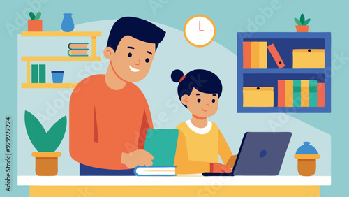 Homeschooling Environment: A parent helping their child with homeschooling in a cozy and organized home setup.
