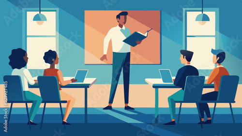 Teacher Giving Instructions: A teacher standing at the front of the classroom, giving instructions to attentive students.
