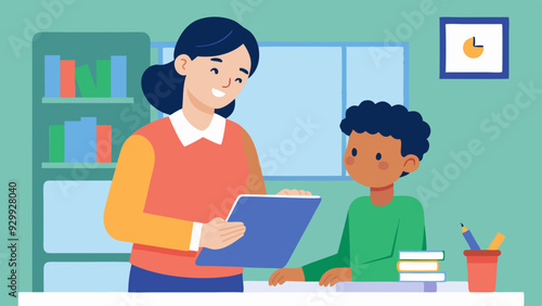 Teacher-Student Interaction: A teacher helping a student with an assignment one-on-one in the classroom.
