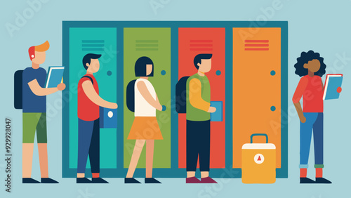 Colorful Lockers Row with Students Organizing Belongings, School Locker Illustration