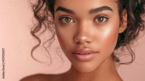 Portrait of a young female model with perfect skin and makeup on a beige studio background