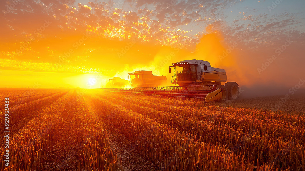 Fototapeta premium A stunning sunset over a wheat field, featuring harvesters working diligently as sunlight beams through the golden crops.