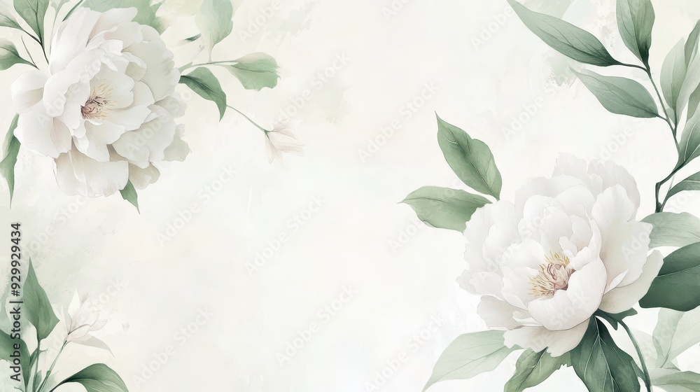 Fototapeta premium A serene floral design featuring soft peonies and delicate leaves on a light background.