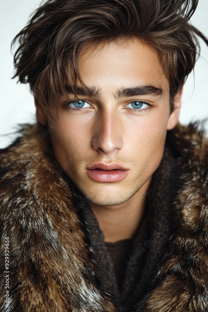 Winter fashion concept of a young handsome man wearing a fashionable fur jacket on a transparent background Winter fashion concept of a young handsome man wearing a fashionable fur jacket on a transparent background