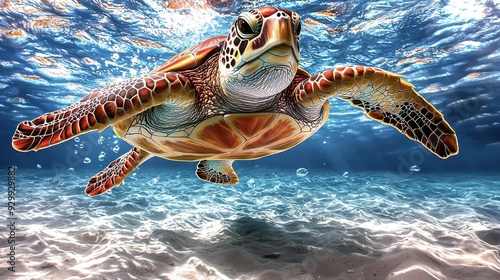 A vibrant sea turtle gracefully swimming underwater, showcasing its beautiful shell and lively colors in a clear ocean environment. photo