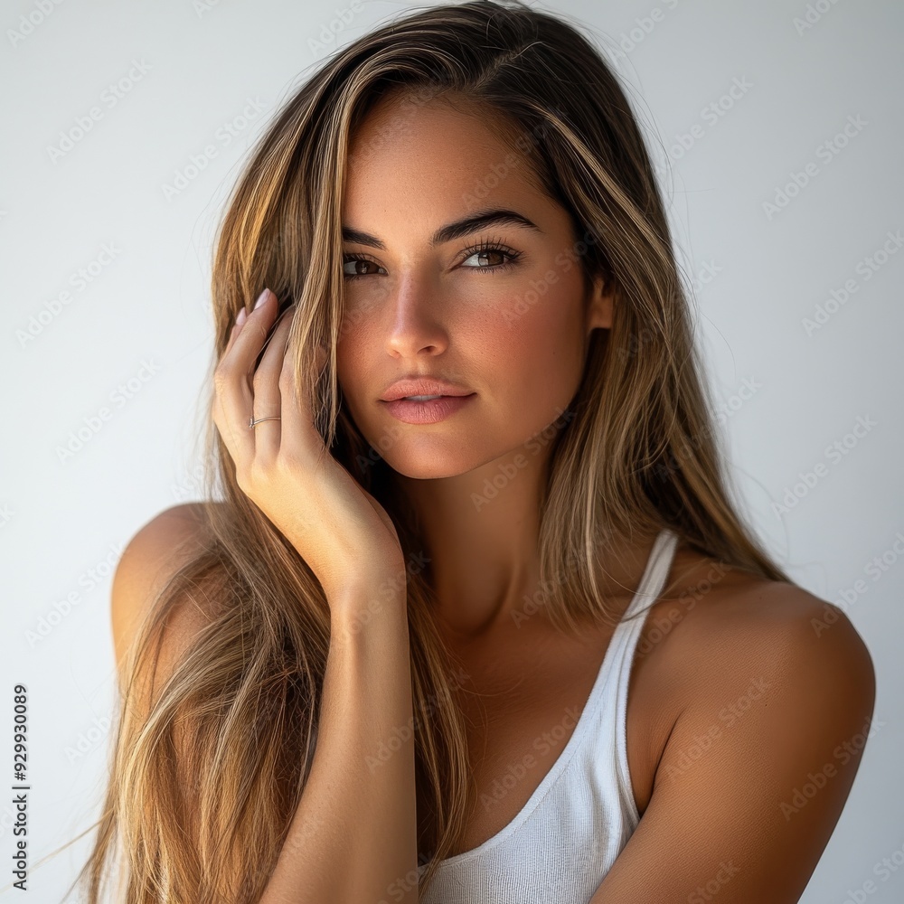 On a transparent background, a smiling young woman with long brunette hair is looking at the camera On a transparent background, a smiling young woman with long brunette hair is looking at the camera