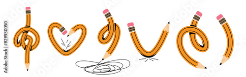 Pencils set vector illustration. Twisted flexible yellow simple pencil