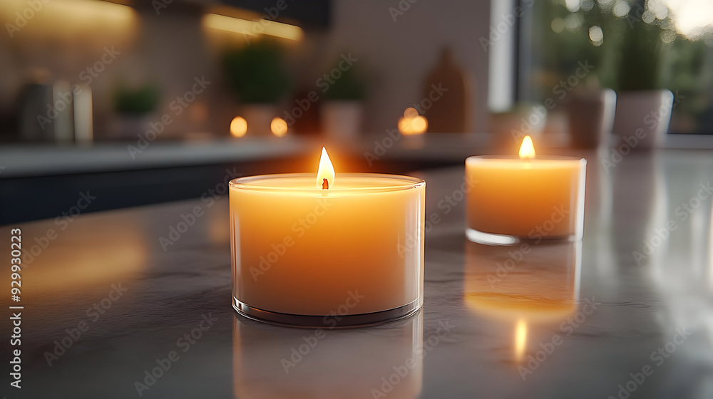 Warm candles glowing on a countertop, creating a cozy atmosphere. Warm candles glowing on a countertop, creating a cozy atmosphere.