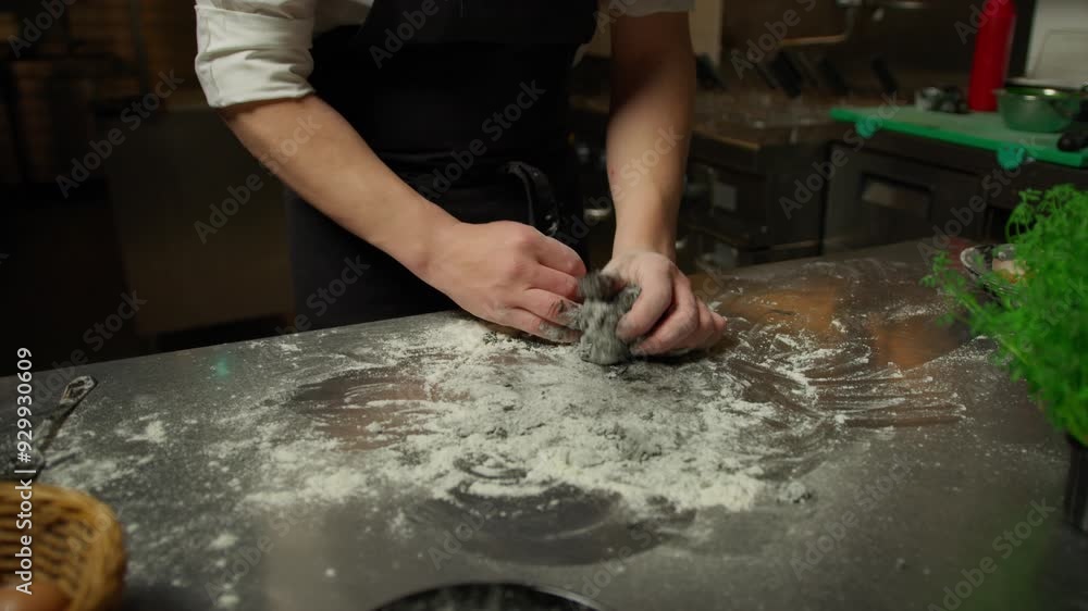 Chef Making The Homemade Black Ink Cuttlefish Dough Chef Making The Homemade Black Ink Cuttlefish Dough