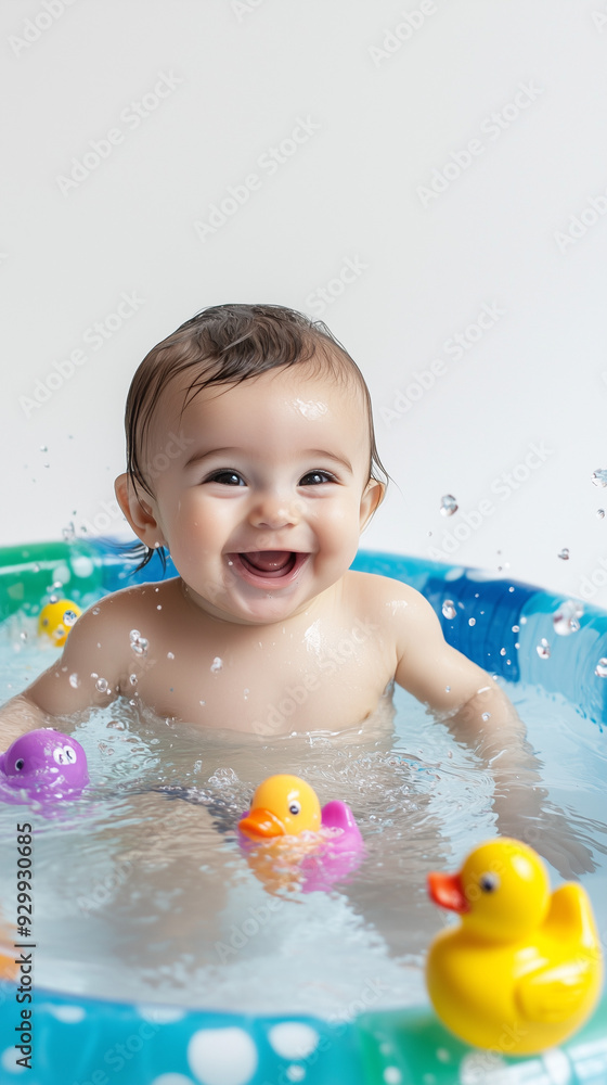 A baby swimming joyfully in a small, colorful kiddie pool, set against a white background. A baby swimming joyfully in a small, colorful kiddie pool, set against a white background.