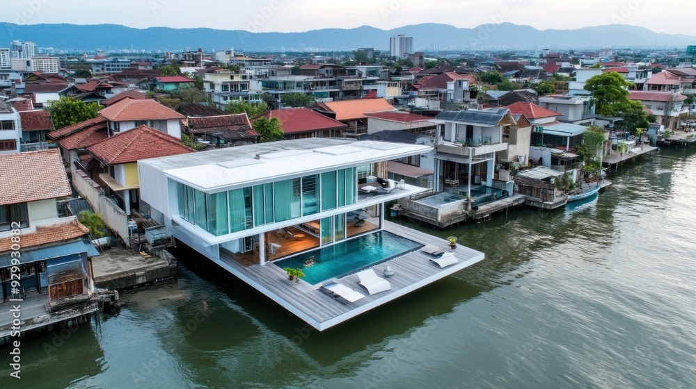 Fototapeta premium Modern, glass-walled home with a swimming pool built over a canal in a densely populated city neighborhood.
