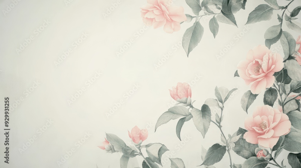 A serene floral design featuring soft pink roses and green leaves against a light background. A serene floral design featuring soft pink roses and green leaves against a light background.