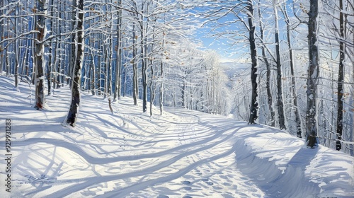 Snowy Morning Landscape with Frosty Trees and Clear Sky