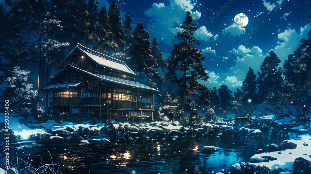Obraz premium Illuminated Japanese House in Snowy Forest under Night Sky