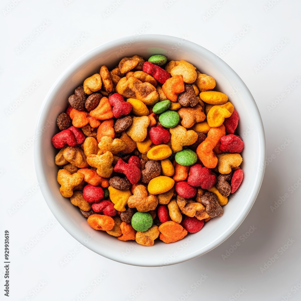 Cat and dog food in golden bowl, top view, isolated on transparent background Cat and dog food in golden bowl, top view, isolated on transparent background
