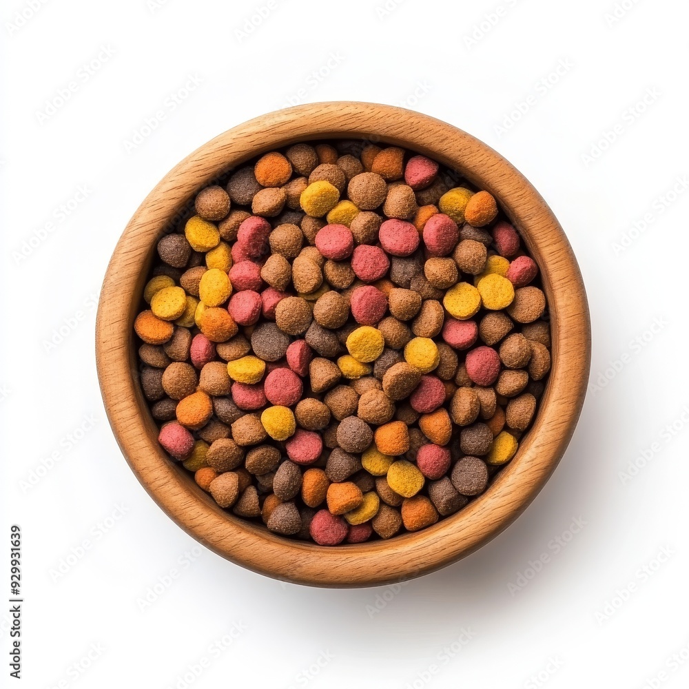 Isolated on transparency, top view of dry cat and dog food in golden bowls Isolated on transparency, top view of dry cat and dog food in golden bowls