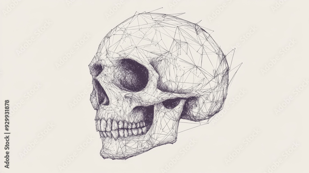 Obraz premium Skull vector illustration created with thin lines interwoven in a network, featuring a grungy halftone effect and low poly line art. 