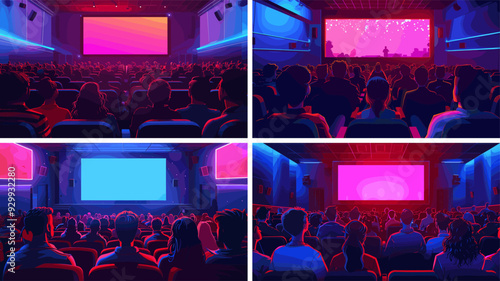 Movie theater cartoon vector scenes. Male female figures heads profiles film cinema viewers seated rear view large screen observing characters crimson rose dark concepts