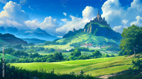 A Majestic Castle Perched on a Hilltop Amidst Rolling Green Hills