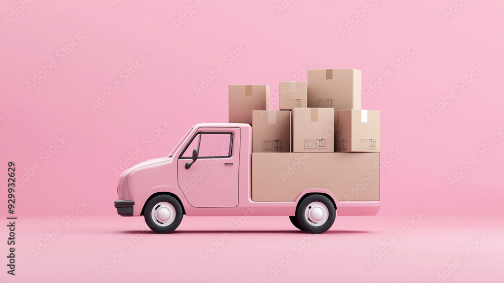 A pink delivery truck loaded with cardboard boxes on a pastel pink background A pink delivery truck loaded with cardboard boxes on a pastel pink background
