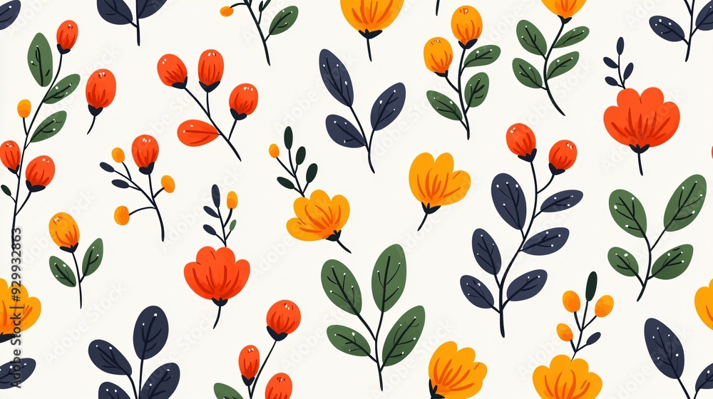 Fototapeta premium Floral Pattern with Orange, Yellow, and Green Flowers
