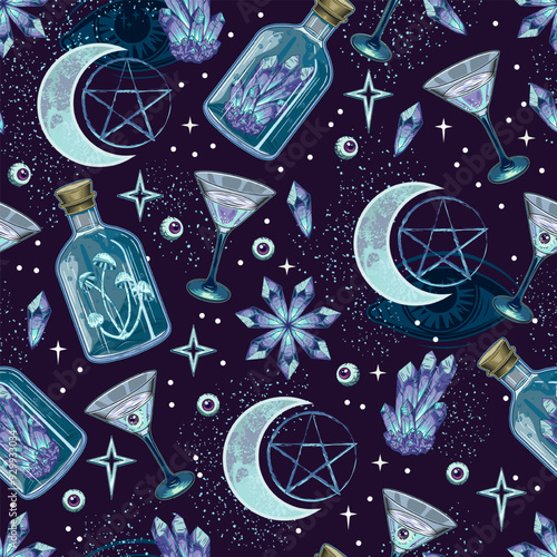 Magic surreal pattern with bottle with potion, crystals, moon with pentagram sign, martini glass with with poisonous cocktail. Scattered stars, eye balls. Halloween creepy graphics