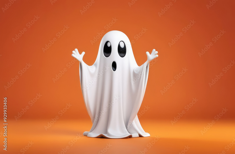 funny illustrated ghost covered with sheet on orange background, Halloween celebration concept funny illustrated ghost covered with sheet on orange background, Halloween celebration concept