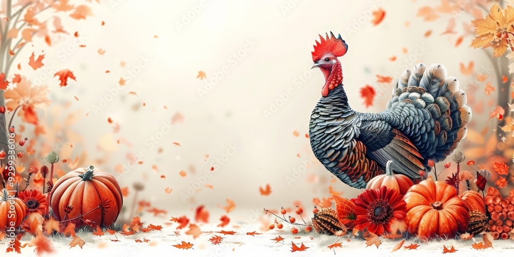 Turkey with pumpkins and autumn leaves in a festive fall setting. Turkey with pumpkins and autumn leaves in a festive fall setting.
