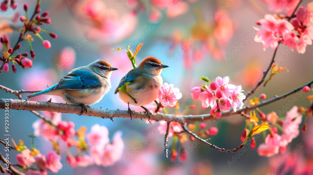 Two Colorful Birds Perched on a Branch Amidst Pink Blossoms Two Colorful Birds Perched on a Branch Amidst Pink Blossoms