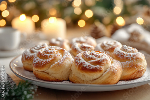 Plate of Sweet Rolls with Powdered Sugar Soft Dessert Oil Painting