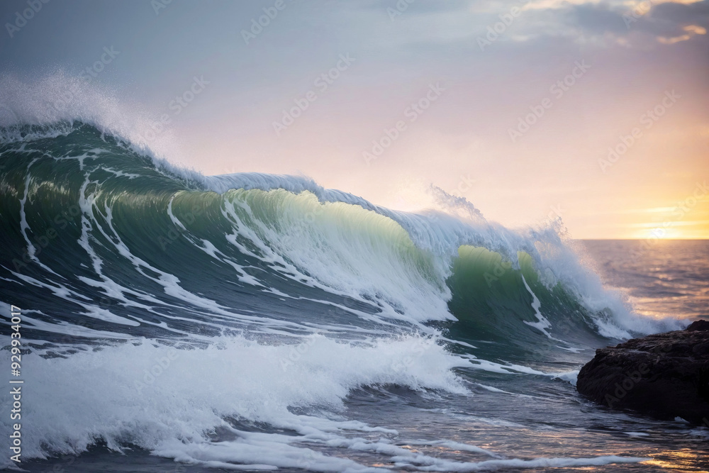 Fototapeta premium Cold blue sea at sunset. Waves and clouds