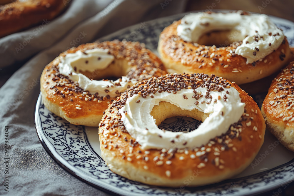 Plate of Toasted Bagels with Cream Cheese Simple Breakfast Oil Painting Plate of Toasted Bagels with Cream Cheese Simple Breakfast Oil Painting