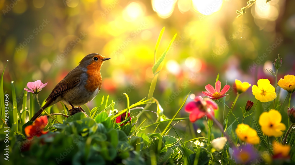 A Robin Perched Amidst a Meadow of Blooming Flowers in the Golden Hour A Robin Perched Amidst a Meadow of Blooming Flowers in the Golden Hour