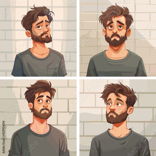 Offender mugshot cartoon scenes. Grown man striped top somber stone wall felony enforcement detained individual suspect incarceration photo burglar outlaw drug trafficker police criminal character