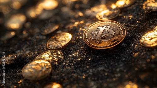 A 3D illustration of a Bitcoin coin with the "₿" symbol prominently engraved, sitting on a pile of gold coins that are slightly tilted