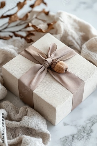 Gift Box with a Simple Ribbon and an Acorn