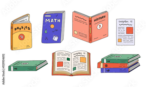 Cute colourful doodle set with school textbook for different subjects. Kids academic book, literature, encyclopedia. Back to school supply for study, reading, learning. Hand drawn isolated clipart.