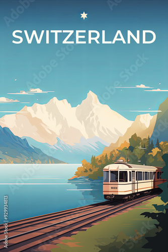 Switzerland vintage travel poster. Vacation in this country with mountains and train