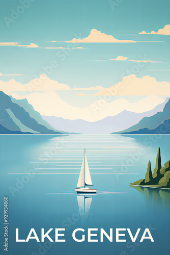 Lake Geneva vintage travel poster. Vacation in beautiful Switzerland and France
