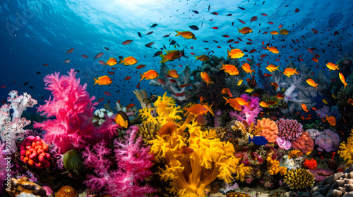 Vibrant Coral Reef with Schools of Orange Fish