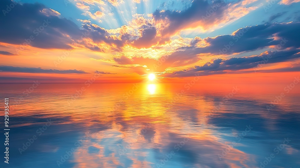 Vivid sunrise over ocean with dramatic clouds and sun reflecting on water Vivid sunrise over ocean with dramatic clouds and sun reflecting on water