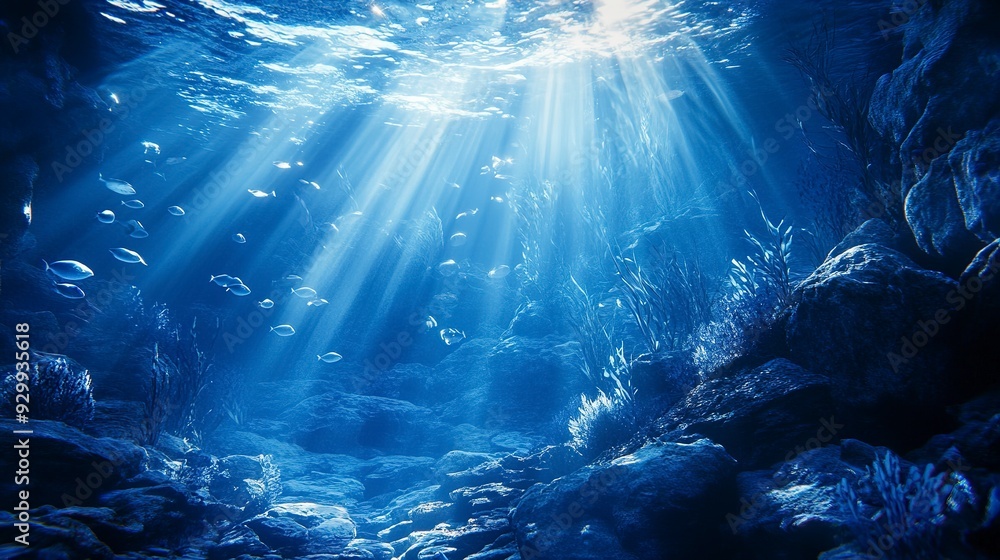 A deep blue sea scene beneath, sunlit waters streaming above, fish swimming at the ocean floor A deep blue sea scene beneath, sunlit waters streaming above, fish swimming at the ocean floor