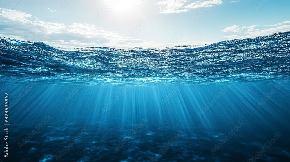 Fototapeta premium Blue water and clear sky. Cross-section of deep ocean with waves on the surface. Rays of light illuminating clear dark blue water. Marine landscape. Copy space. 