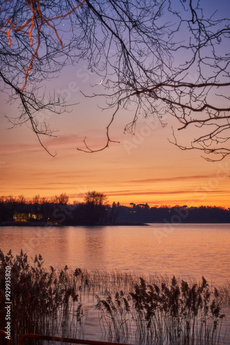 Il Lago di Pusiano al tramonto, un cielo dai colori caldi, con una sottile luna crescente visibile tra i rami spogli. L'acqua riflette dolcemente il cielo, creando un'atmosfera serena e suggestiva.